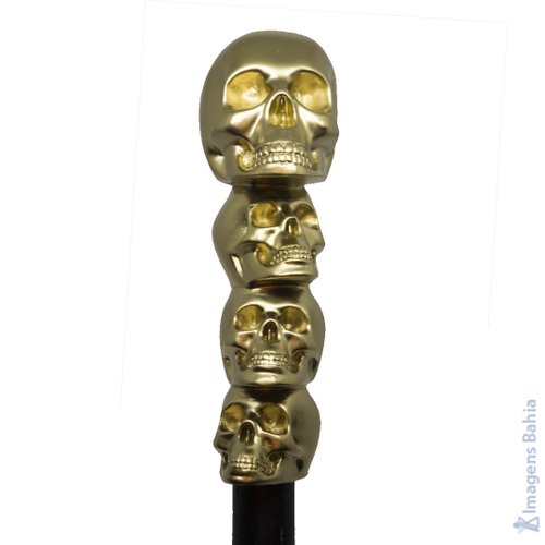 Bengala 4 Caveiras dourada com cabo preto de 90CM