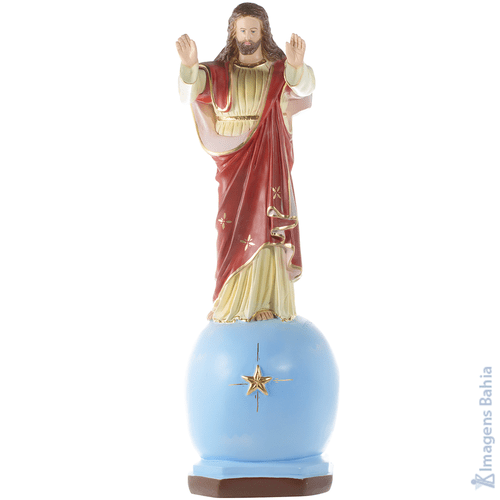 Imagem de Cristo Abençoando sobre o globo com manto vermelho de 40cm